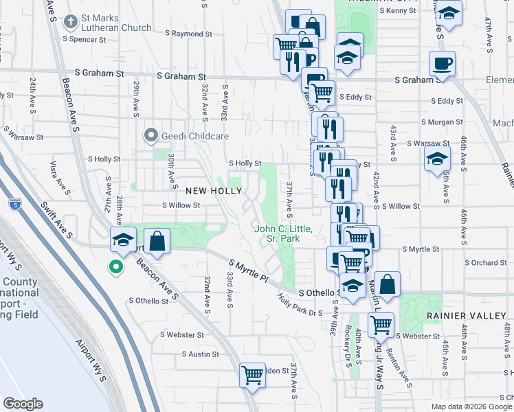 map of restaurants, bars, coffee shops, grocery stores, and more near 6821 Holly Park Drive South in Seattle
