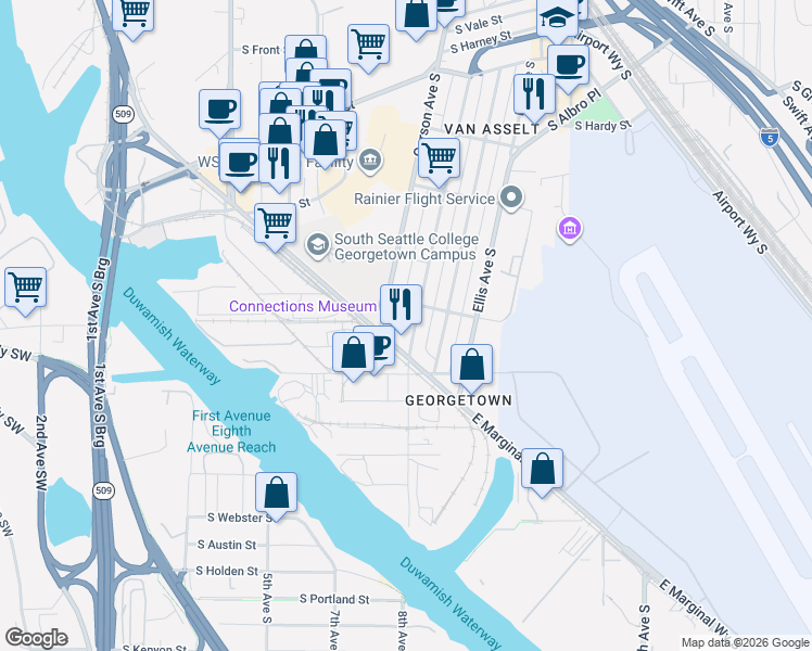 map of restaurants, bars, coffee shops, grocery stores, and more near 6906 Carleton Avenue South in Seattle