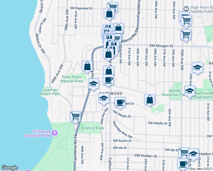 map of restaurants, bars, coffee shops, grocery stores, and more near 4314 Southwest Frontenac Street in Seattle