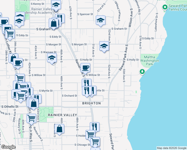 map of restaurants, bars, coffee shops, grocery stores, and more near 51st Avenue South & South Willow Street in Seattle