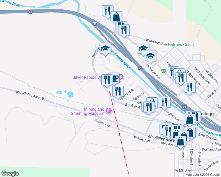 map of restaurants, bars, coffee shops, grocery stores, and more near 610 Bunker Avenue in Kellogg