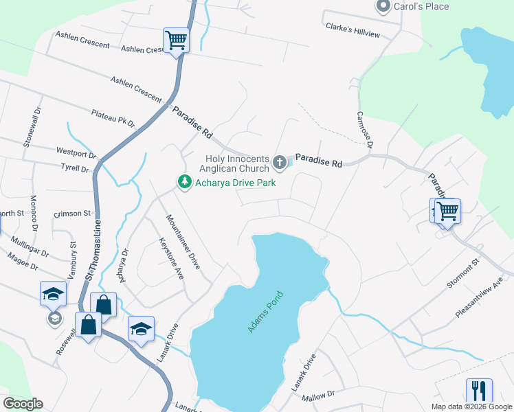 map of restaurants, bars, coffee shops, grocery stores, and more near 11 Rembrant Boulevard in Paradise