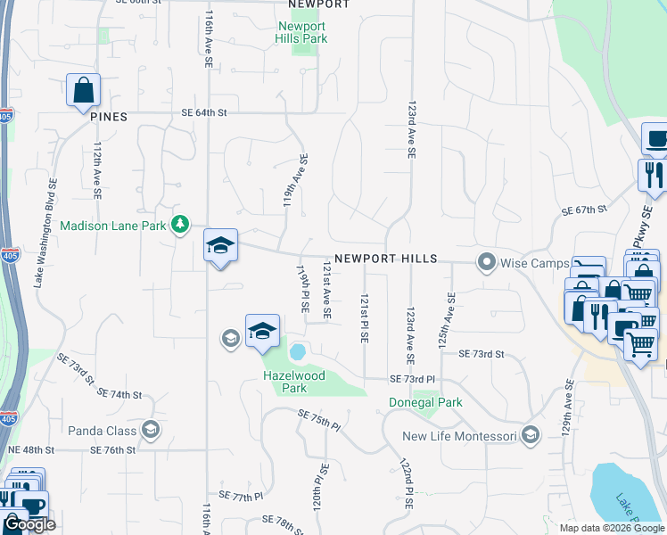 map of restaurants, bars, coffee shops, grocery stores, and more near 12102 Southeast 70th Street in Newcastle