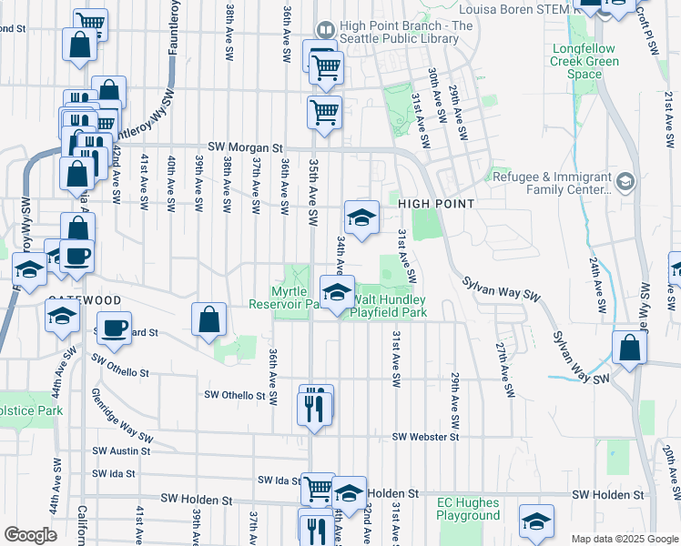 map of restaurants, bars, coffee shops, grocery stores, and more near 6920 34th Avenue Southwest in Seattle
