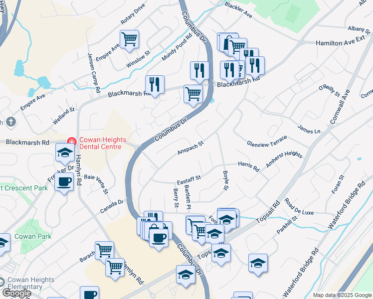 map of restaurants, bars, coffee shops, grocery stores, and more near Anspach Street in St. John's