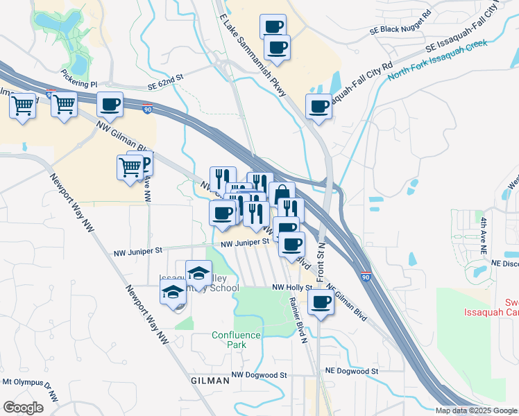 map of restaurants, bars, coffee shops, grocery stores, and more near 240 Northwest Gilman Boulevard in Issaquah