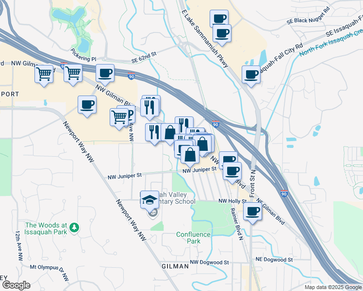 map of restaurants, bars, coffee shops, grocery stores, and more near 385 Northwest Gilman Boulevard in Issaquah