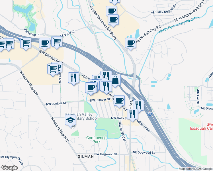 map of restaurants, bars, coffee shops, grocery stores, and more near 240 Northwest Gilman Boulevard in Issaquah