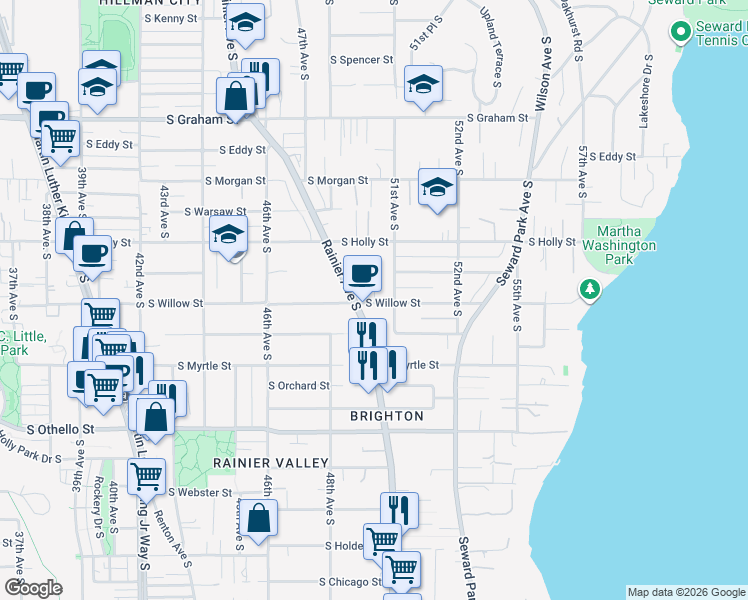 map of restaurants, bars, coffee shops, grocery stores, and more near 4922 South Willow Street in Seattle