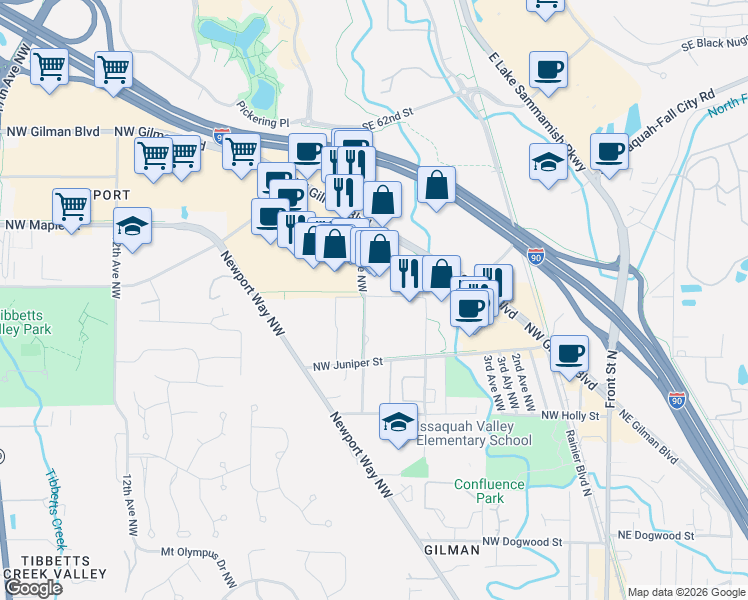 map of restaurants, bars, coffee shops, grocery stores, and more near 687 Northwest Locust Street in Issaquah