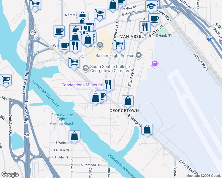 map of restaurants, bars, coffee shops, grocery stores, and more near 6917 Carleton Avenue South in Seattle
