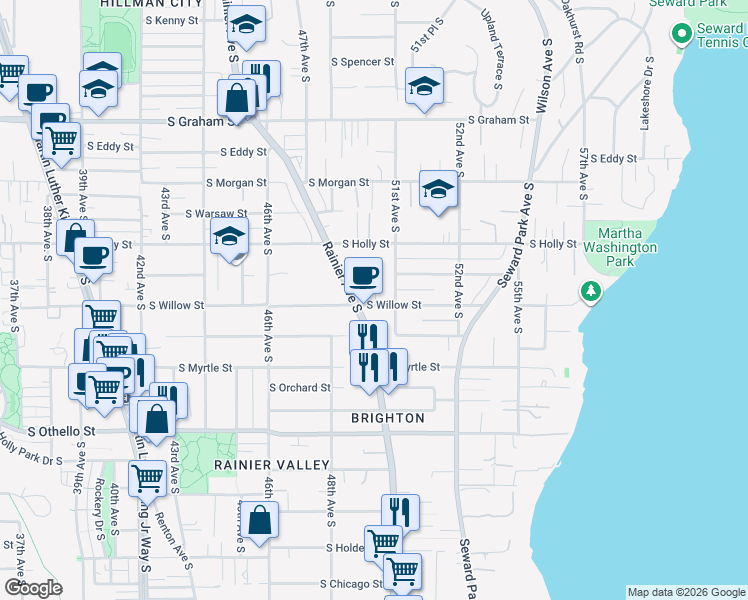 map of restaurants, bars, coffee shops, grocery stores, and more near 4922 South Willow Street in Seattle