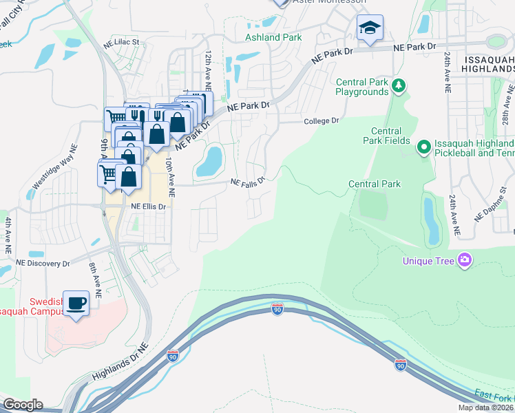 map of restaurants, bars, coffee shops, grocery stores, and more near 1471 14th Place Northeast in Issaquah