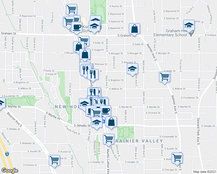 map of restaurants, bars, coffee shops, grocery stores, and more near 4200 S Willow St in Seattle