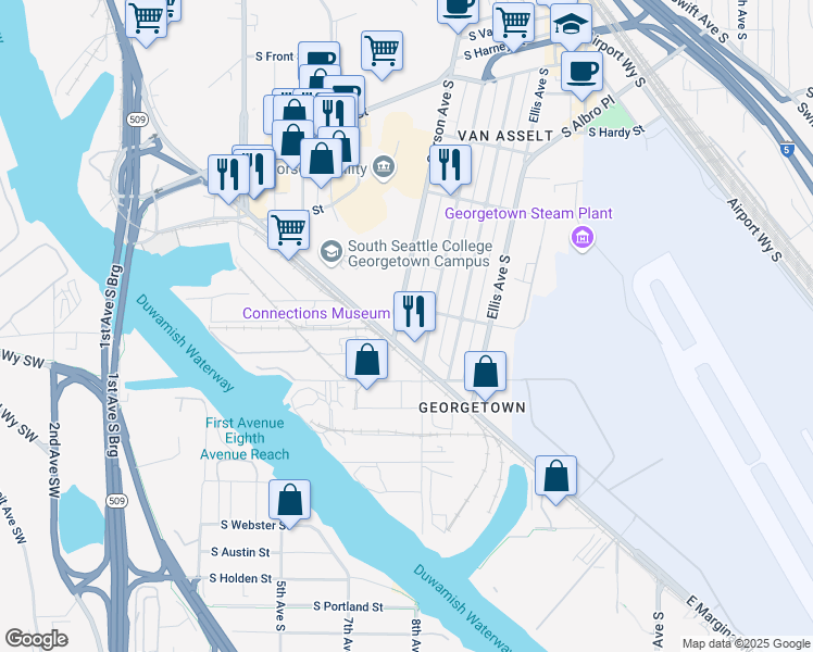 map of restaurants, bars, coffee shops, grocery stores, and more near 7000 East Marginal Way South in Seattle
