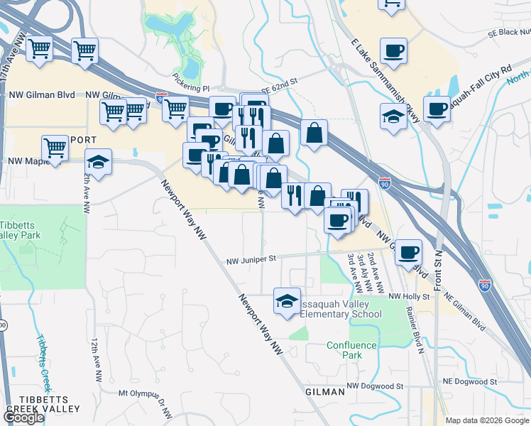 map of restaurants, bars, coffee shops, grocery stores, and more near 695 Northwest Locust Street in Issaquah