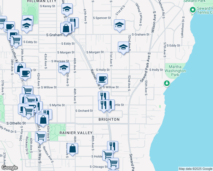 map of restaurants, bars, coffee shops, grocery stores, and more near 4922 South Willow Street in Seattle