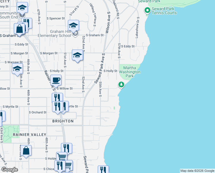 map of restaurants, bars, coffee shops, grocery stores, and more near 5518 South Willow Street in Seattle