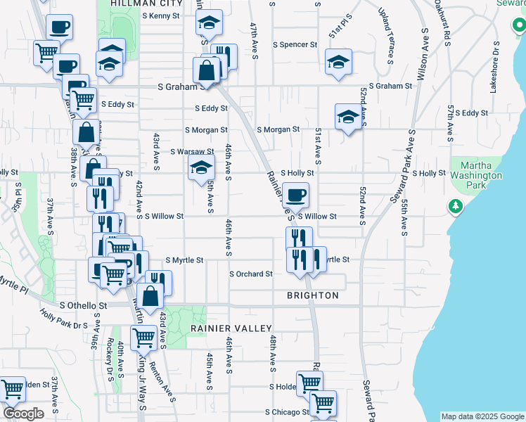 map of restaurants, bars, coffee shops, grocery stores, and more near 4630 South Willow Street in Seattle