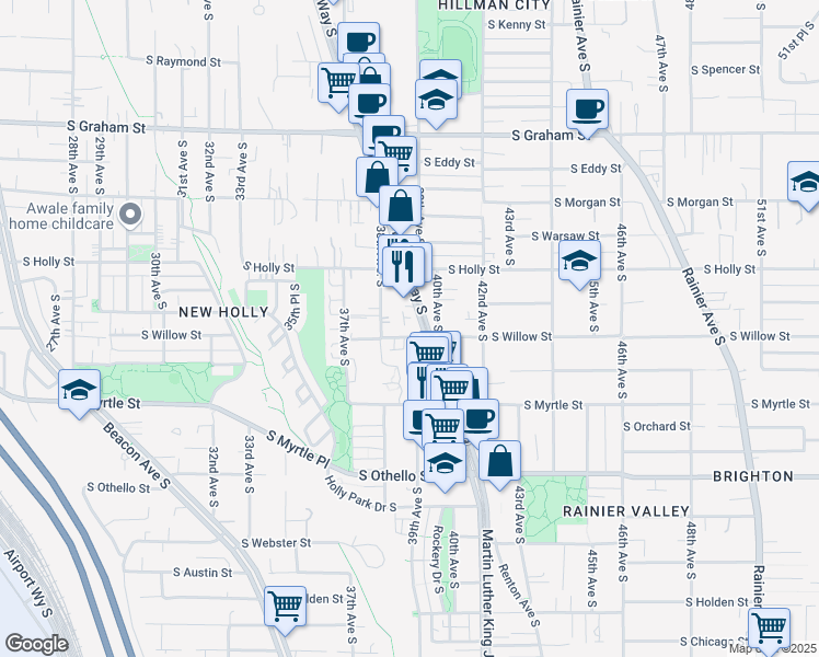 map of restaurants, bars, coffee shops, grocery stores, and more near 6754 Martin Luther King Junior Way South in Seattle