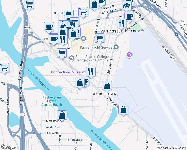 map of restaurants, bars, coffee shops, grocery stores, and more near 6906 Carleton Avenue South in Seattle
