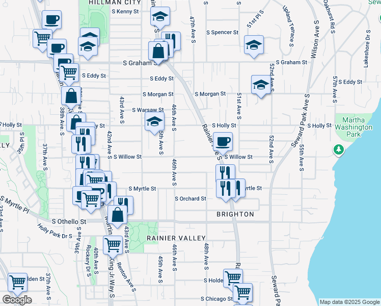 map of restaurants, bars, coffee shops, grocery stores, and more near 4630 South Willow Street in Seattle