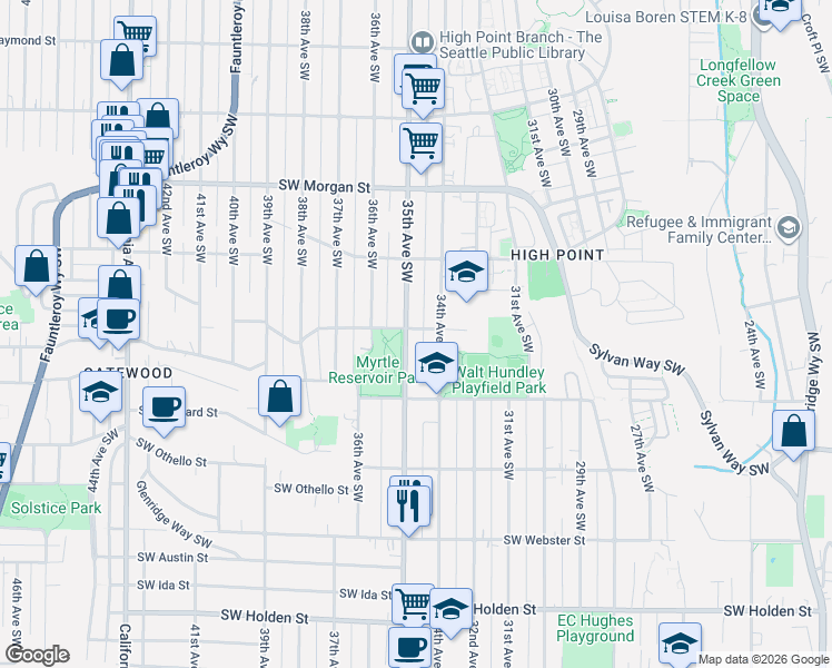 map of restaurants, bars, coffee shops, grocery stores, and more near 6902 35th Avenue Southwest in Seattle