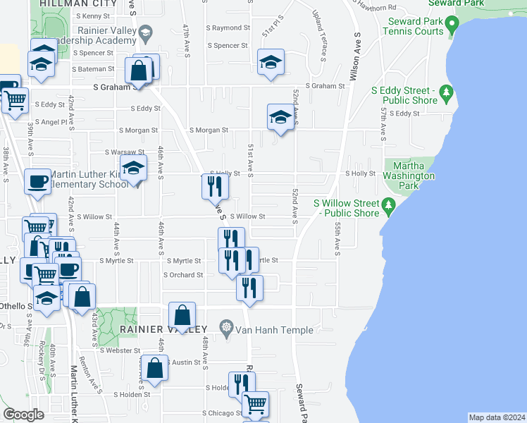 map of restaurants, bars, coffee shops, grocery stores, and more near 5116 South Willow Street in Seattle