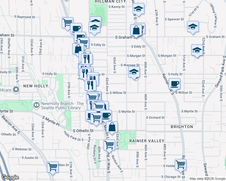 map of restaurants, bars, coffee shops, grocery stores, and more near 4216 South Willow Street in Seattle
