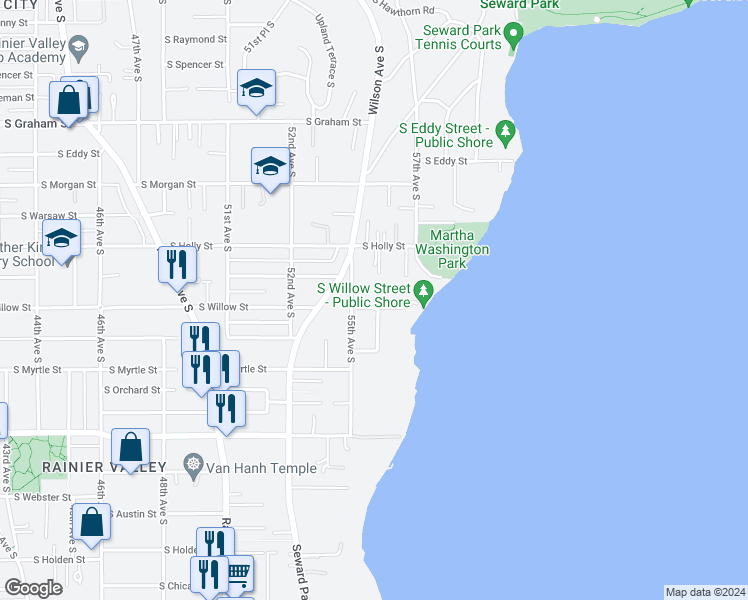 map of restaurants, bars, coffee shops, grocery stores, and more near 5518 South Willow Street in Seattle