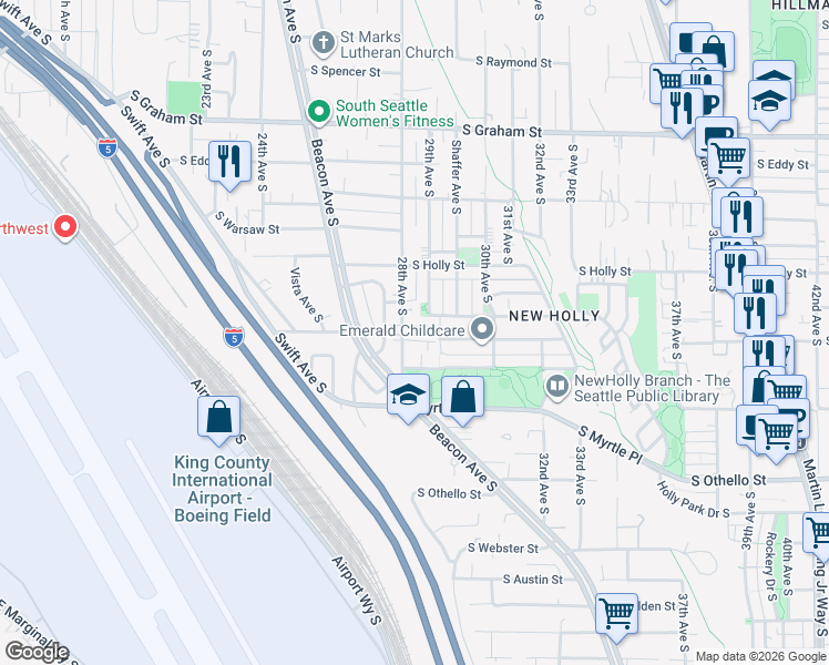 map of restaurants, bars, coffee shops, grocery stores, and more near 6760 28th Avenue South in Seattle