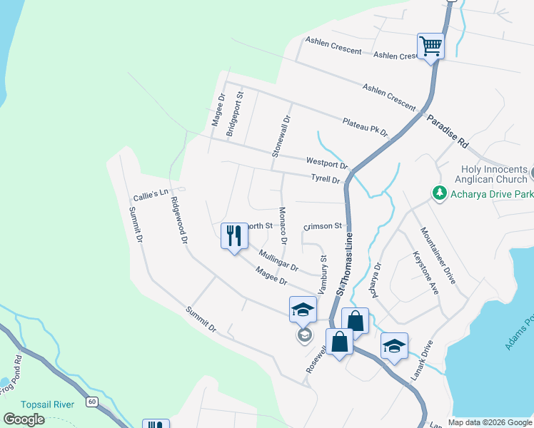 map of restaurants, bars, coffee shops, grocery stores, and more near 26 Camelot Crescent in Paradise