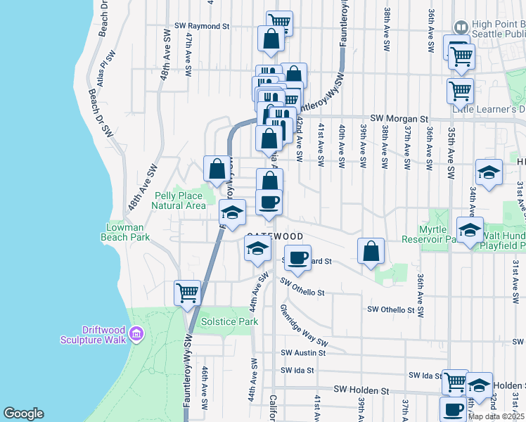 map of restaurants, bars, coffee shops, grocery stores, and more near 4314 Southwest Frontenac Street in Seattle