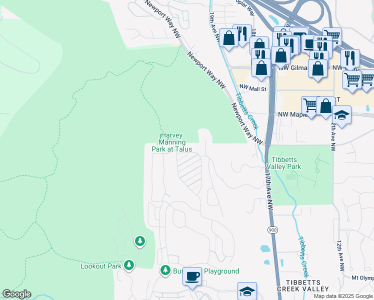 map of restaurants, bars, coffee shops, grocery stores, and more near 990 Big Tree Drive Northwest in Issaquah