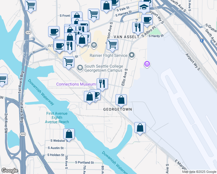 map of restaurants, bars, coffee shops, grocery stores, and more near 6906 Carleton Avenue South in Seattle