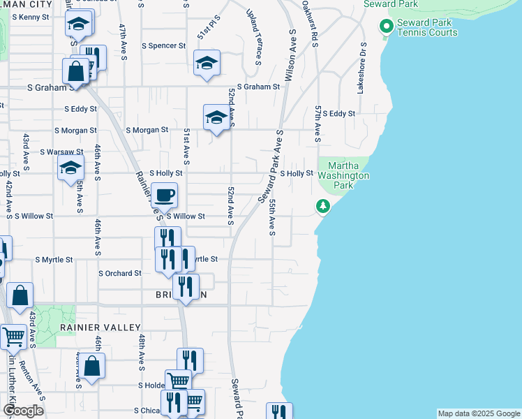 map of restaurants, bars, coffee shops, grocery stores, and more near 6749 55th Avenue South in Seattle