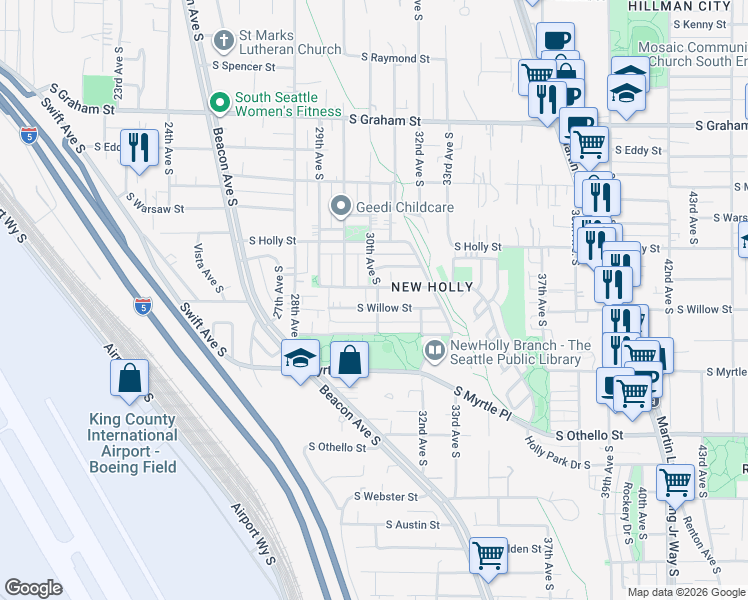 map of restaurants, bars, coffee shops, grocery stores, and more near 6811 30th Avenue South in Seattle
