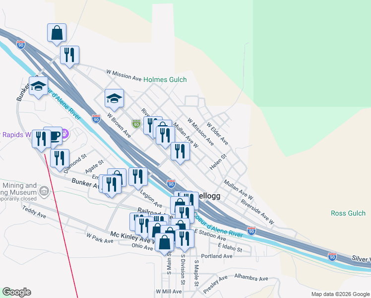 map of restaurants, bars, coffee shops, grocery stores, and more near 130 Riverside Avenue West in Kellogg