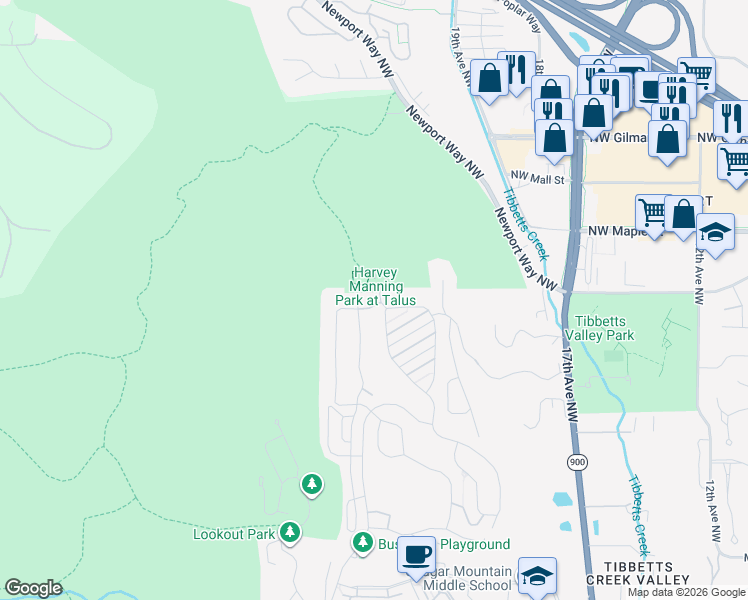 map of restaurants, bars, coffee shops, grocery stores, and more near 917 Bear Ridge Court Northwest in Issaquah