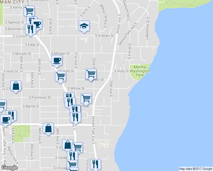 map of restaurants, bars, coffee shops, grocery stores, and more near 6816 Seward Park Avenue South in Seattle