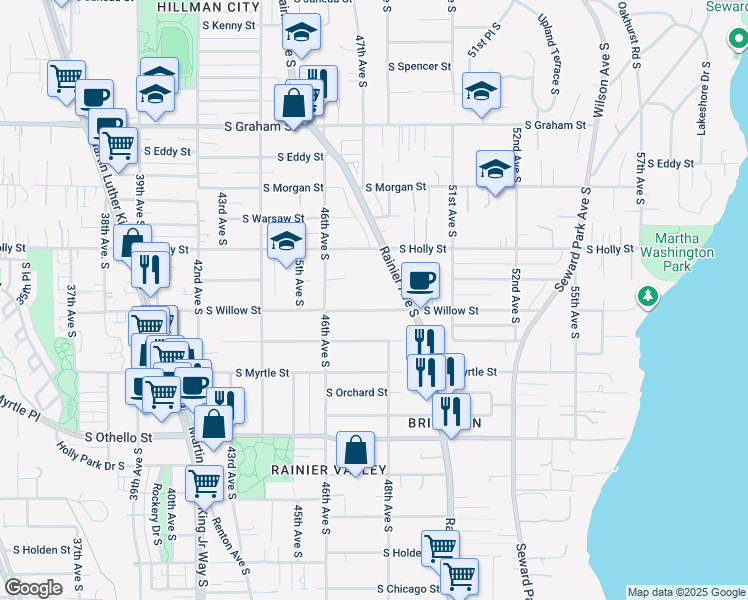 map of restaurants, bars, coffee shops, grocery stores, and more near 4630 South Willow Street in Seattle
