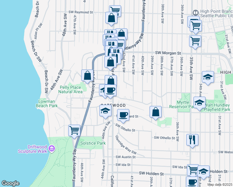 map of restaurants, bars, coffee shops, grocery stores, and more near 6948 Parshall Place Southwest in Seattle