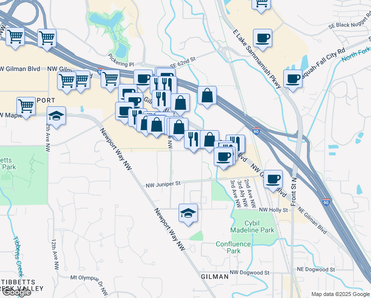 map of restaurants, bars, coffee shops, grocery stores, and more near 600 Northwest Locust Street in Issaquah