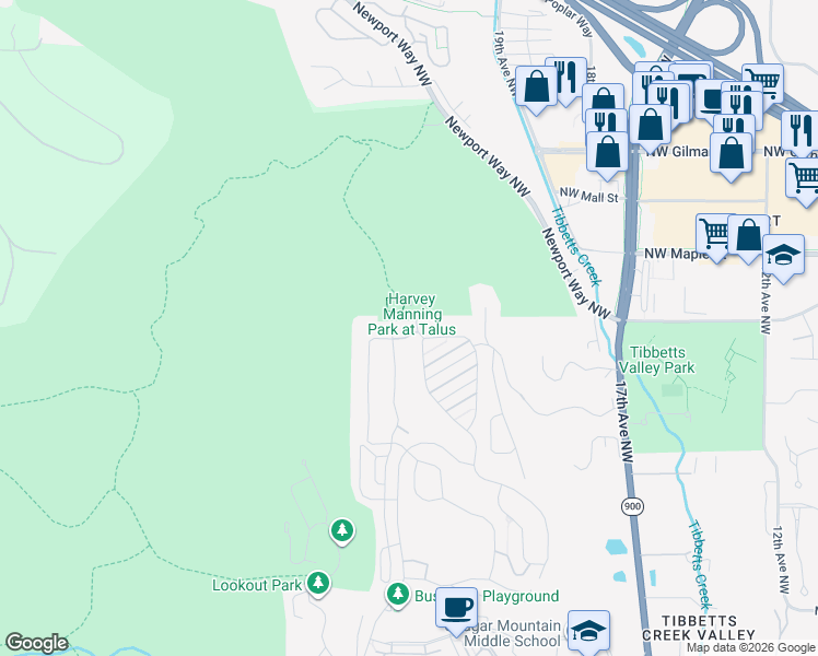 map of restaurants, bars, coffee shops, grocery stores, and more near 917 Bear Ridge Court Northwest in Issaquah