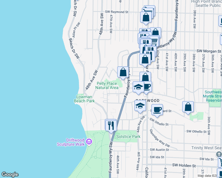 map of restaurants, bars, coffee shops, grocery stores, and more near 4627 Southwest Maple Way in Seattle