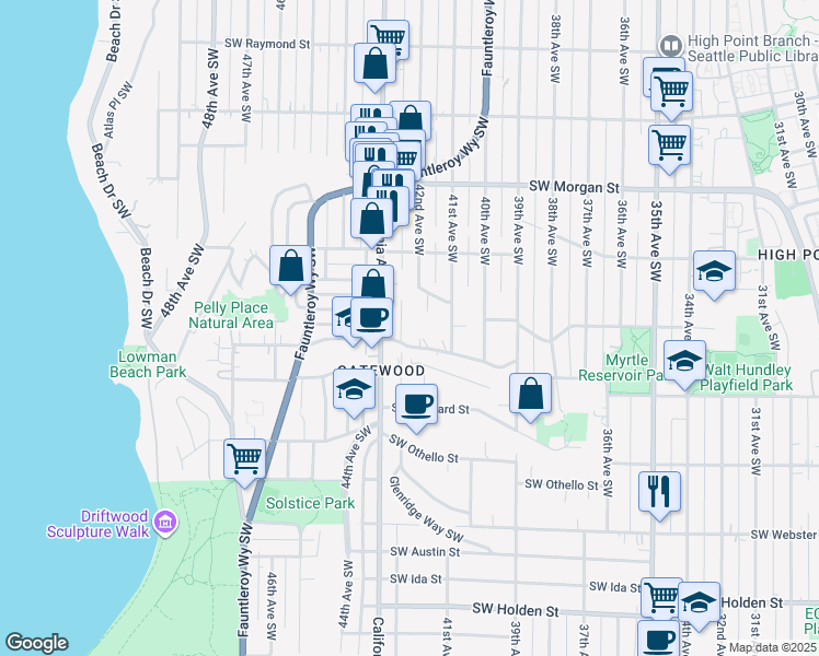 map of restaurants, bars, coffee shops, grocery stores, and more near 6948 Parshall Place Southwest in Seattle