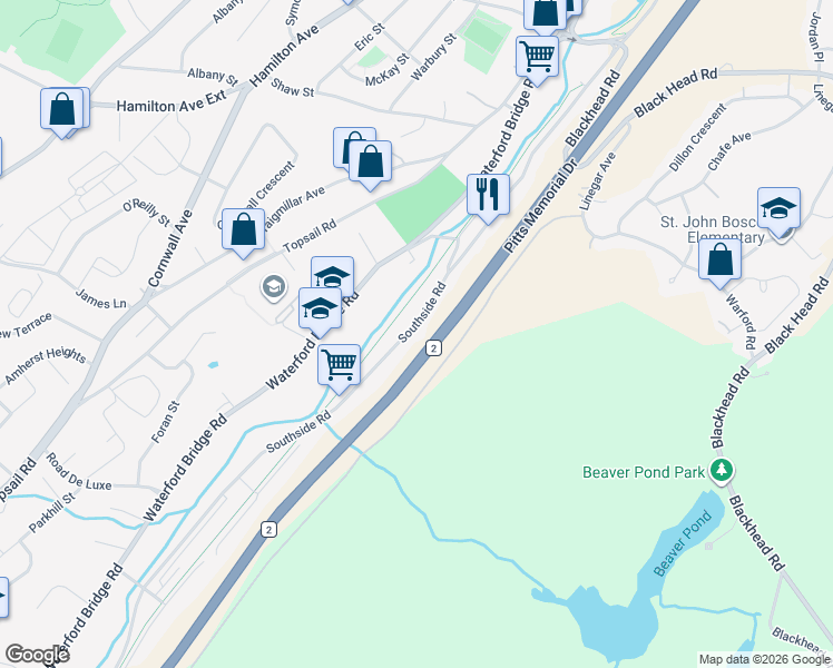 map of restaurants, bars, coffee shops, grocery stores, and more near 579 Southside Road in St. John's