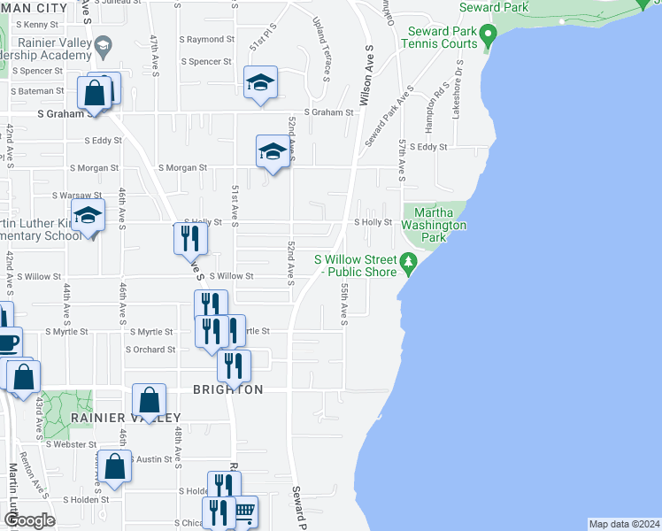 map of restaurants, bars, coffee shops, grocery stores, and more near 6816 Seward Park Avenue South in Seattle