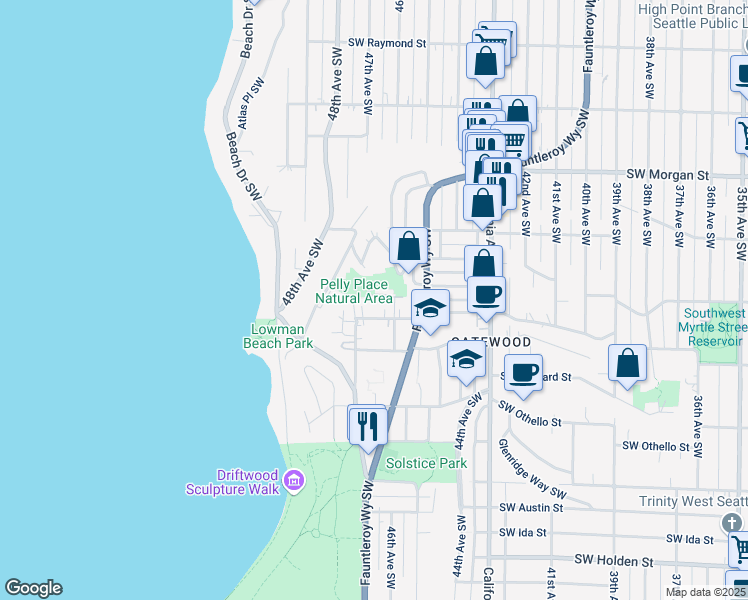 map of restaurants, bars, coffee shops, grocery stores, and more near 4627 Southwest Maple Way in Seattle