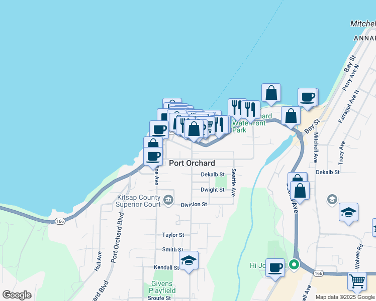 map of restaurants, bars, coffee shops, grocery stores, and more near 736 Prospect Street in Port Orchard